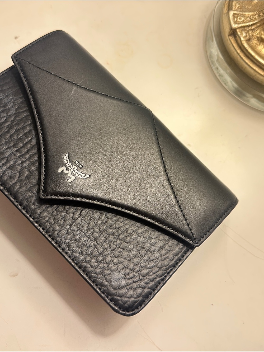 MCM Black Leather Envelope Wristlet Clutch